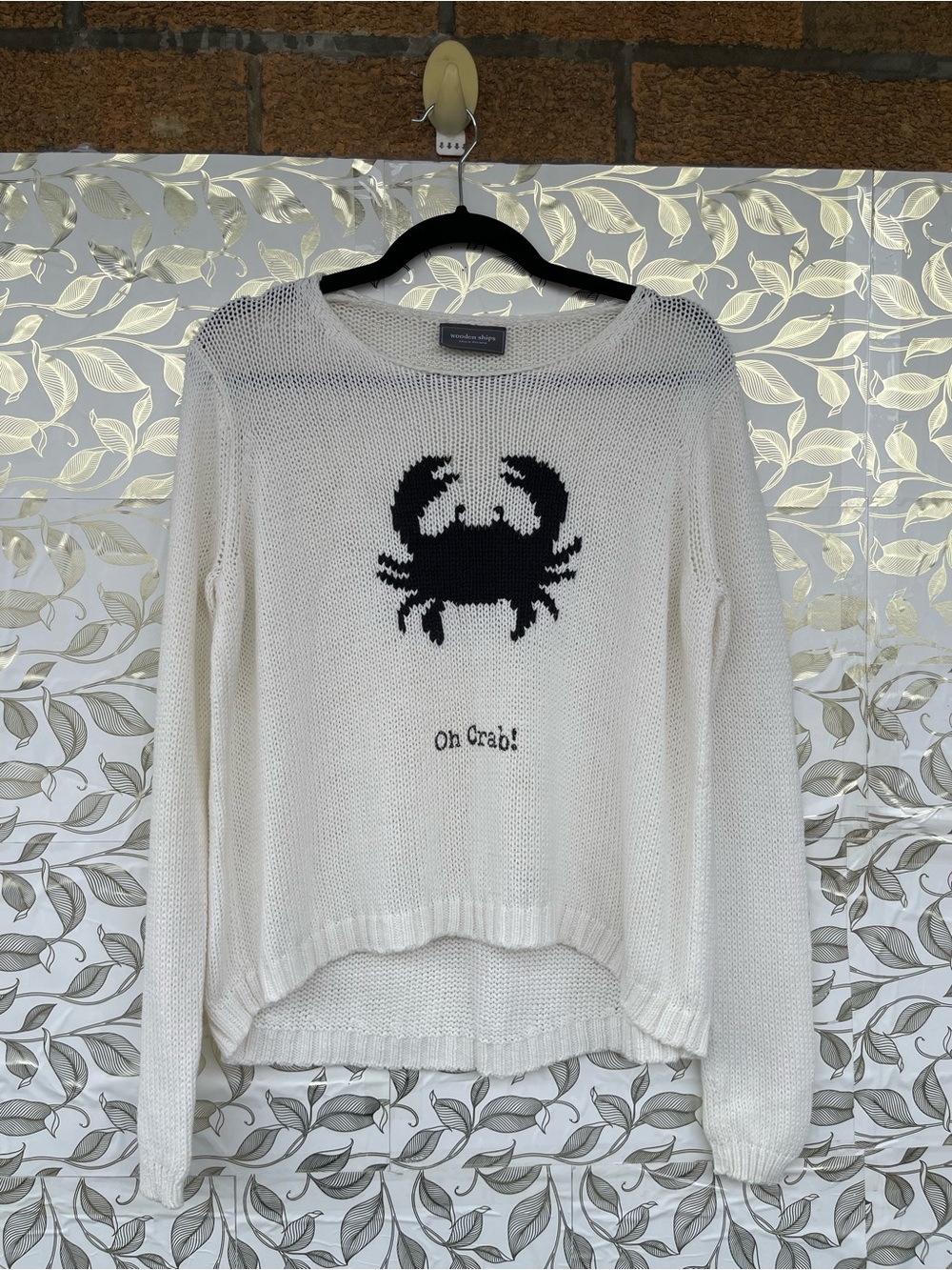 Wooden Ships Oh Crab Knit Sweater S/M Ivory Black Graphic Coastal Grandma